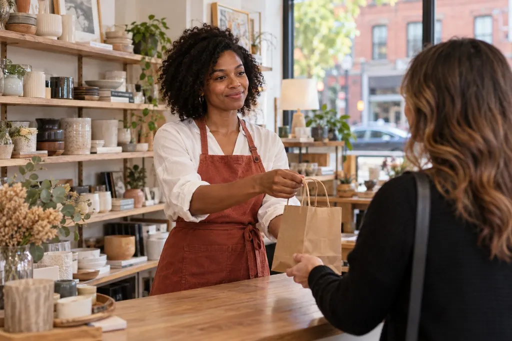 Small-business owner handing a customer a paper bag